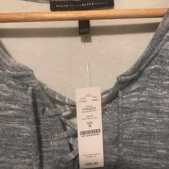 WHBM Blue Plaid Hem Lace-Up Pullover Top - Picture 5 of 5